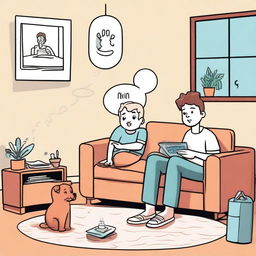 An illustration of Milo at home in a modern living room