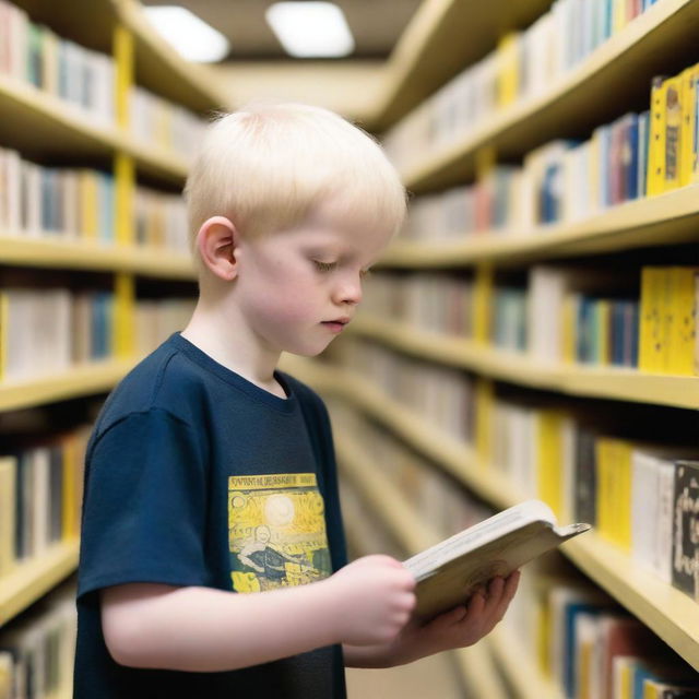 An eight-year-old albino indigenous boy with blonde hair and yellow eyes, searching for books inside a bookstore