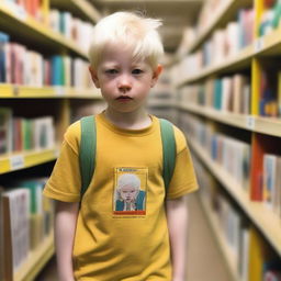 An eight-year-old albino indigenous boy with blonde hair and yellow eyes, searching for books inside a bookstore