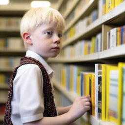 An eight-year-old albino indigenous boy with blonde hair and yellow eyes, searching for books inside a bookstore