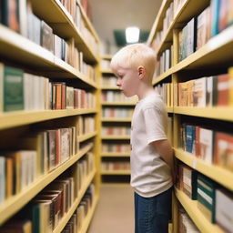 An eight-year-old albino indigenous boy with blonde hair and yellow eyes, searching for books inside a bookstore