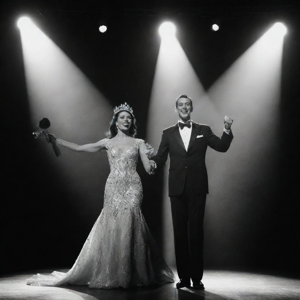 A man and a woman, victoriously standing on a stage under a dramatic spotlight. Their triumphant pose as Mr. and Ms. Pageant Winners casts commanding shadows behind them.