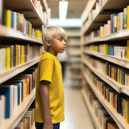 An eight-year-old indigenous boy with fair skin, blonde hair, and yellow eyes is searching for books inside a bookstore