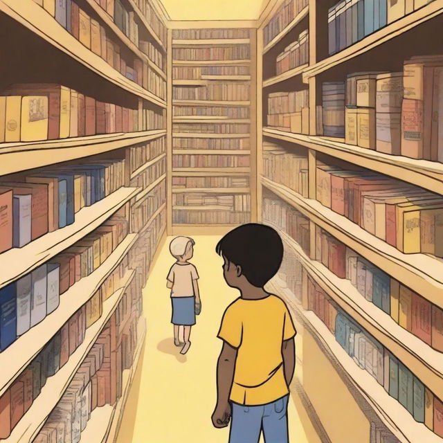 An eight-year-old indigenous boy with fair skin, blonde hair, and yellow eyes is searching for books inside a bookstore