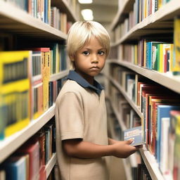 An eight-year-old indigenous boy with fair skin, blonde hair, and yellow eyes is searching for books inside a bookstore