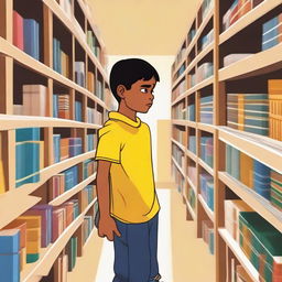 An eight-year-old indigenous boy with fair skin, blonde hair, and yellow eyes is searching for books inside a bookstore