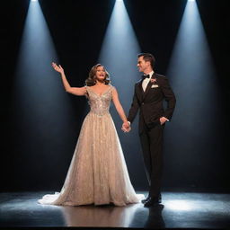 A man and a woman, victoriously standing on a stage under a dramatic spotlight. Their triumphant pose as Mr. and Ms. Pageant Winners casts commanding shadows behind them.