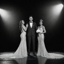 A man and a woman, victoriously standing on a stage under a dramatic spotlight. Their triumphant pose as Mr. and Ms. Pageant Winners casts commanding shadows behind them.