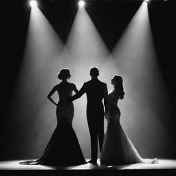 A man and a woman, victoriously standing on a stage under a dramatic spotlight. Their triumphant pose as Mr. and Ms. Pageant Winners casts commanding shadows behind them.