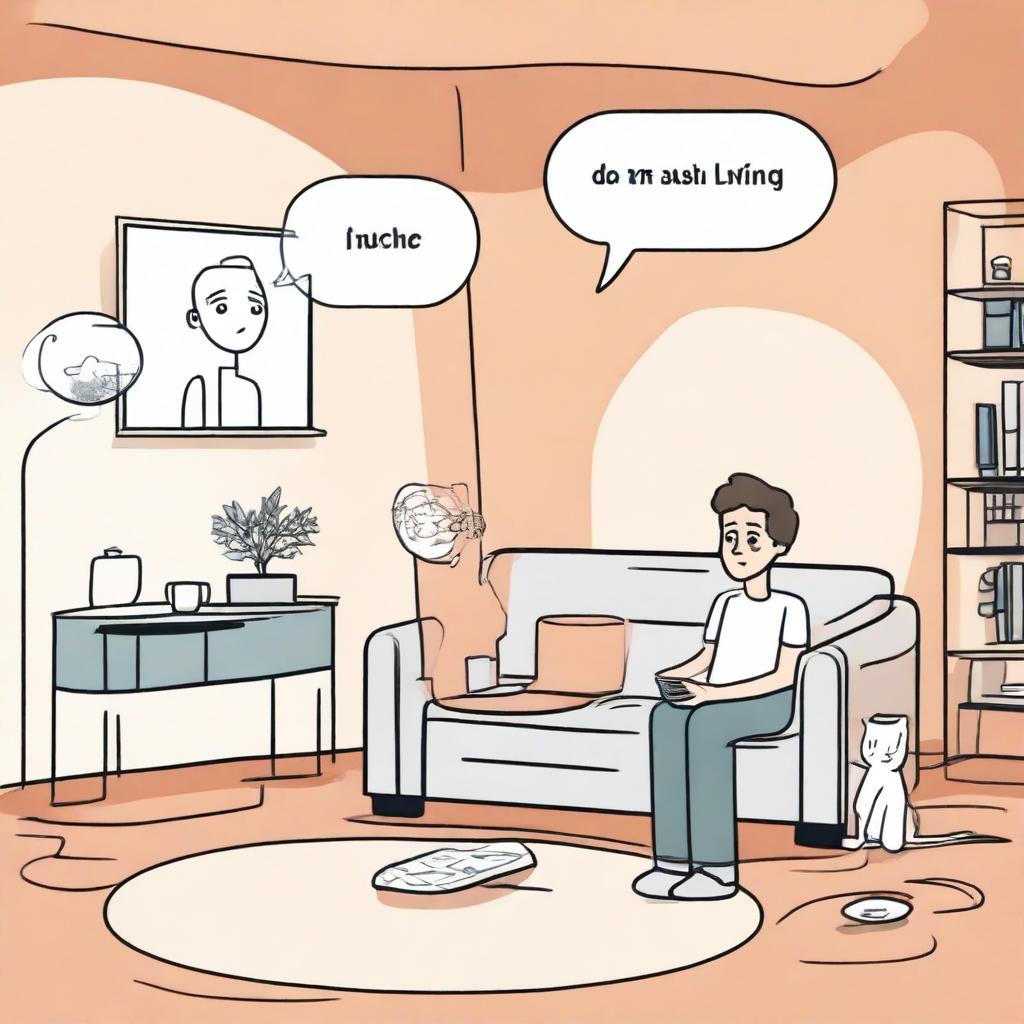 An illustration of Milo at home in a modern living room