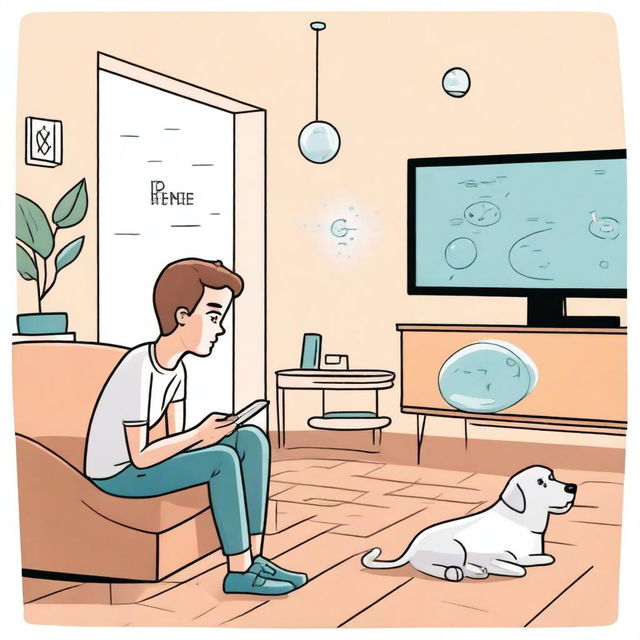 An illustration of Milo at home in a modern living room