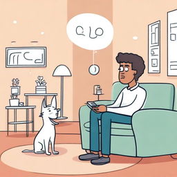 An illustration of Milo at home in a modern living room