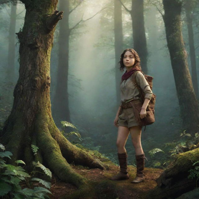 Depict a young explorer named Elara, standing on the edge of a dense, mysterious forest that encircles a small village. She is embarking on a quest, fueled by captivating tales of the enchanted realm hidden within the woods.