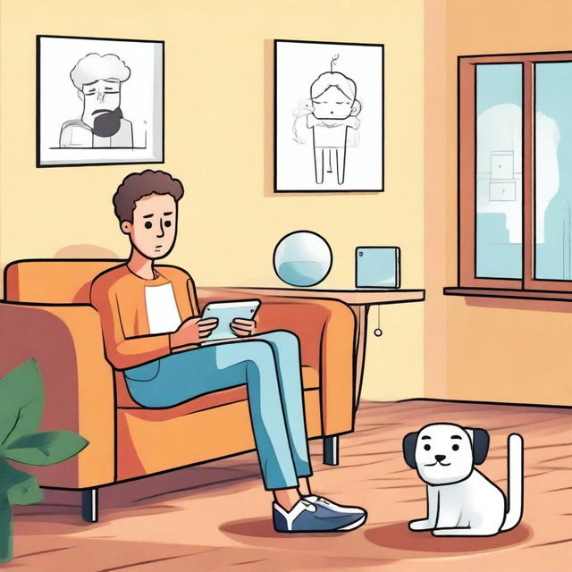 Create an illustration of Milo at home in a modern living room