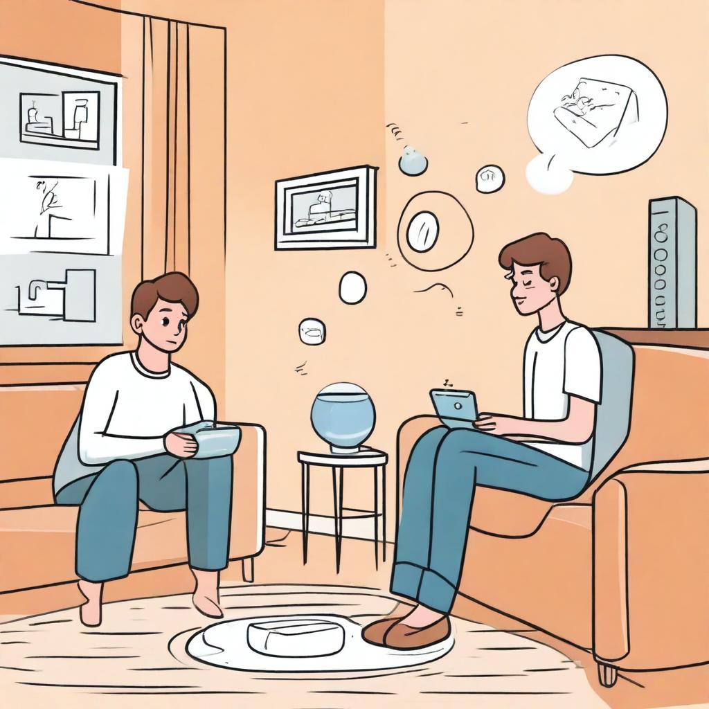 An illustration of Milo at home in a modern living room