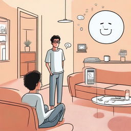 An illustration of Milo at home in a modern living room