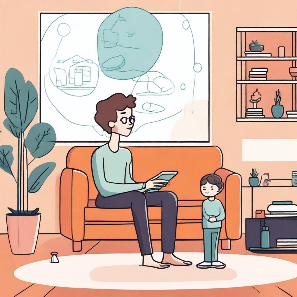 An illustration of Milo at home in a modern living room