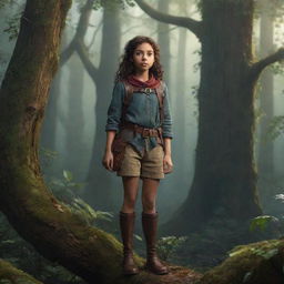 Depict a young explorer named Elara, standing on the edge of a dense, mysterious forest that encircles a small village. She is embarking on a quest, fueled by captivating tales of the enchanted realm hidden within the woods.