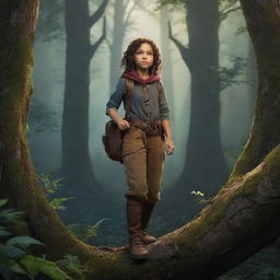 Depict a young explorer named Elara, standing on the edge of a dense, mysterious forest that encircles a small village. She is embarking on a quest, fueled by captivating tales of the enchanted realm hidden within the woods.