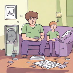 Create an illustration of Milo at home, wearing a green shirt and purple pants, with a disappointed expression on his face