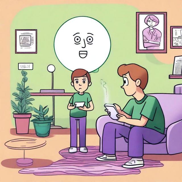 Create an illustration of Milo at home, wearing a green shirt and purple pants, with a disappointed expression on his face