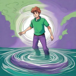 Create an illustration of Milo wearing a green shirt and purple pants, entering a whirlpool that leads to Earth