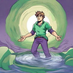 Create an illustration of Milo wearing a green shirt and purple pants, entering a whirlpool that leads to Earth