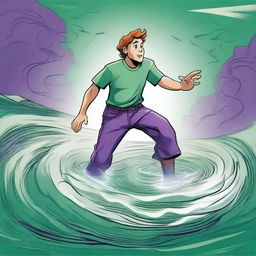 Create an illustration of Milo wearing a green shirt and purple pants, entering a whirlpool that leads to Earth