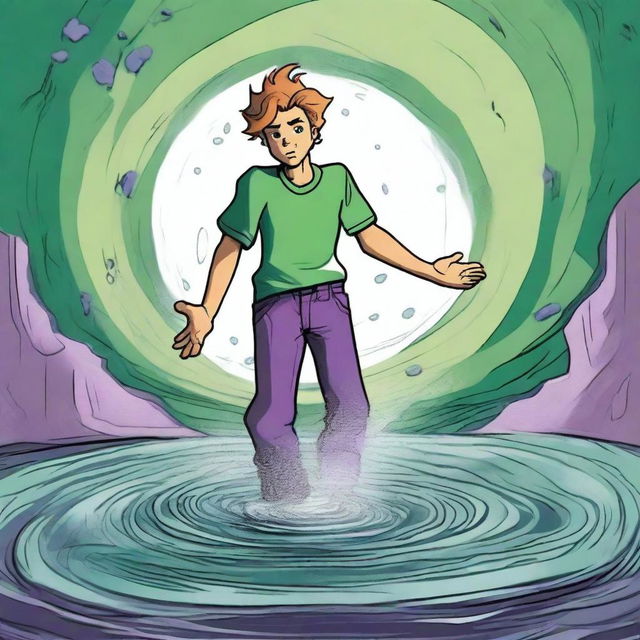 Create an illustration of Milo wearing a green shirt and purple pants, entering a whirlpool that leads to Earth