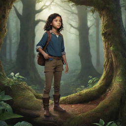 Depict a young explorer named Elara, standing on the edge of a dense, mysterious forest that encircles a small village. She is embarking on a quest, fueled by captivating tales of the enchanted realm hidden within the woods.