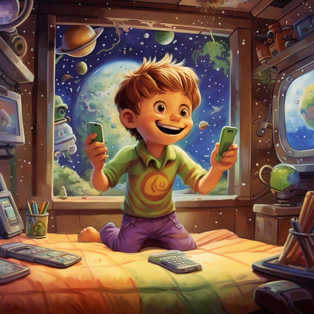 Create an image of Milo in his bedroom on Earth, wearing a green shirt and purple pants, happily holding a phone.