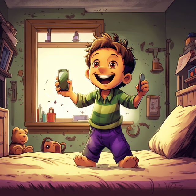 Create an image of Milo in his bedroom, wearing a green shirt and purple pants, happily holding a phone.