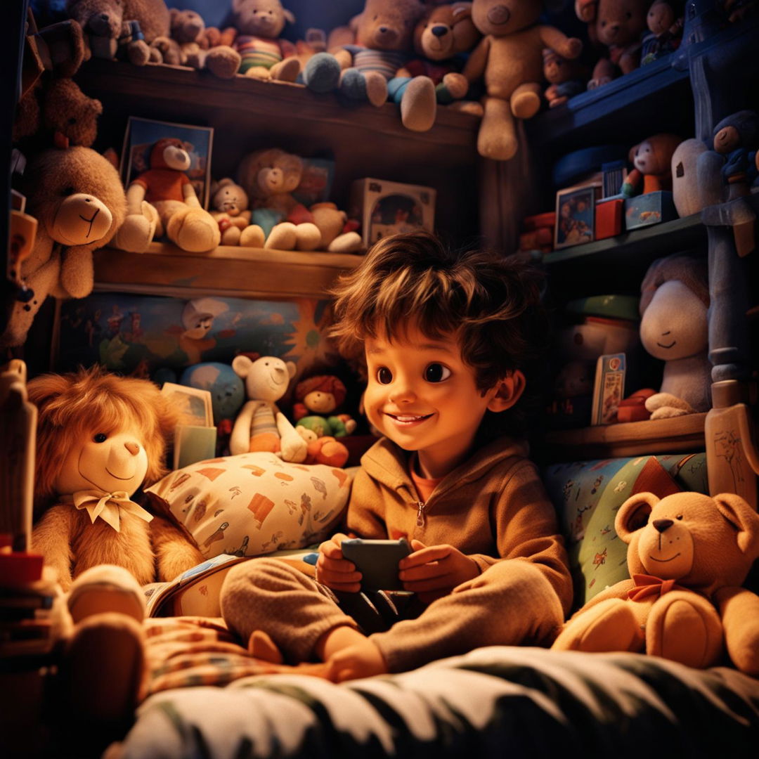 A happy boy named Milo in his cozy bedroom, placing his phone under his pillow amidst a warm and inviting atmosphere filled with toys, books, and posters