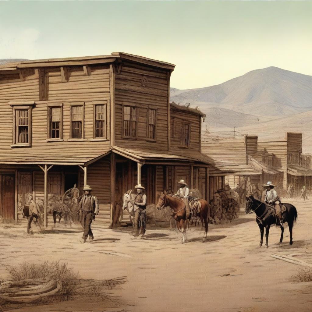 Create a detailed historic view of the Wild West from the 1880s, featuring a dusty main street with wooden buildings, cowboys on horseback, and a saloon