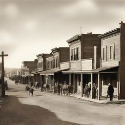 Create a detailed historic view of the Wild West from the 1880s, featuring a dusty main street with wooden buildings, cowboys on horseback, and a saloon