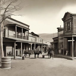 Create a detailed historic view of the Wild West from the 1880s, featuring a dusty main street with wooden buildings, cowboys on horseback, and a saloon