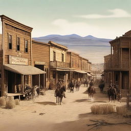 Create a detailed historic view of the Wild West from the 1880s, featuring a dusty main street with wooden buildings, cowboys on horseback, and a saloon