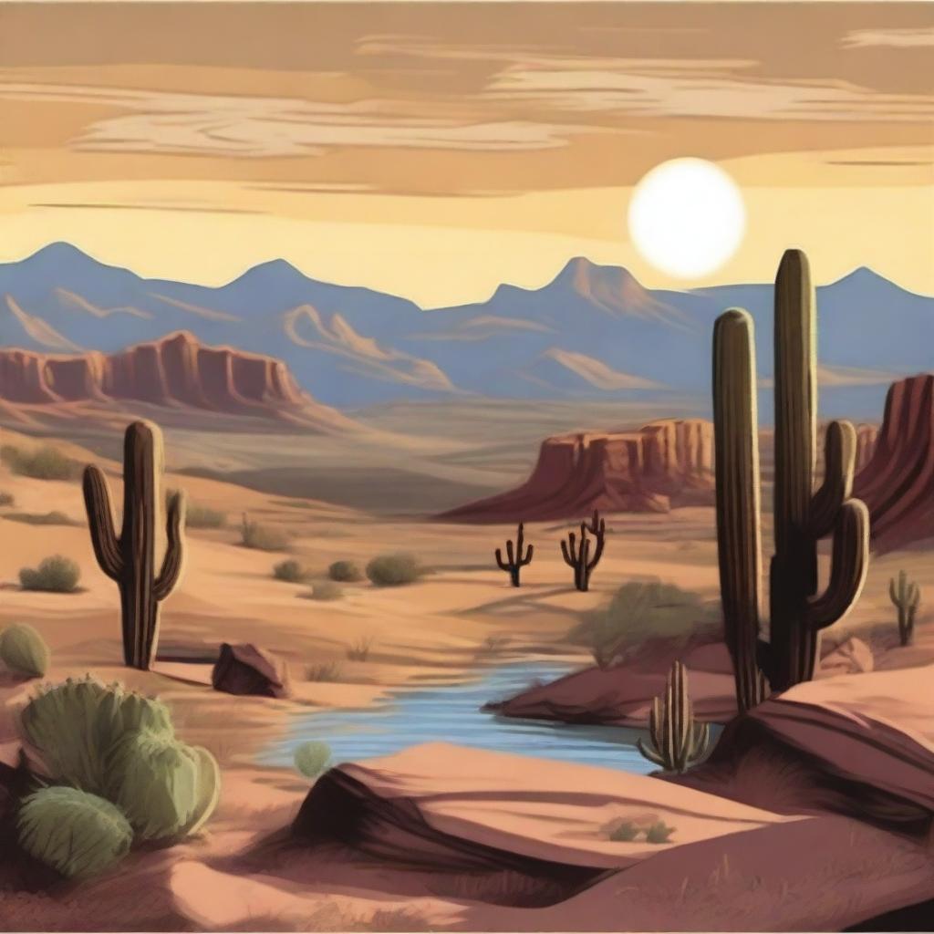 Create a landscape view of the Wild West, featuring expansive desert plains, rocky outcrops, and distant mountains