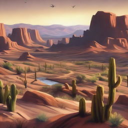 Create a landscape view of the Wild West, featuring expansive desert plains, rocky outcrops, and distant mountains