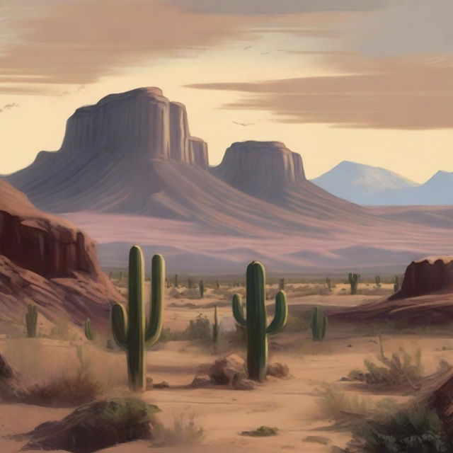 Create a landscape view of the Wild West, featuring expansive desert plains, rocky outcrops, and distant mountains