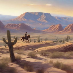 Create a landscape view of the Wild West, featuring expansive desert plains, rocky outcrops, and distant mountains