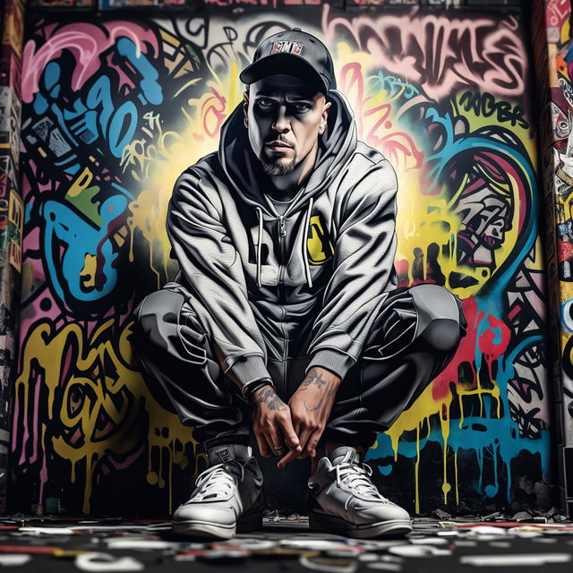 A dynamic portrait of Eminem in his signature style, set against a graffiti wall background, capturing his intense and focused expression