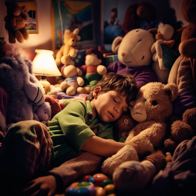 A serene scene of Milo peacefully sleeping in his cozy bedroom, wearing a green shirt and purple pants, surrounded by toys, books, and a soft glow from a bedside lamp