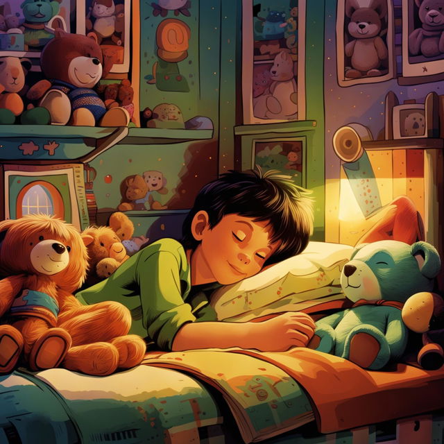 A charming cartoon version of Milo peacefully sleeping in his cozy bedroom, wearing a green shirt and purple pants, surrounded by toys, books, and a soft glow from a bedside lamp