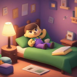 A cartoon version of Milo peacefully sleeping in his cozy bedroom, wearing a green shirt and purple pants, surrounded by toys, books, and a soft glow from a bedside lamp