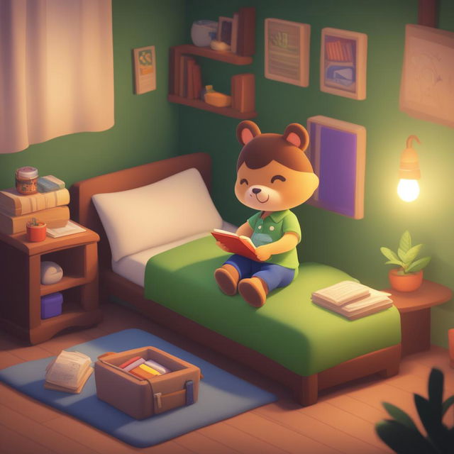 A cartoon version of Milo peacefully sleeping in his cozy bedroom, wearing a green shirt and purple pants, surrounded by toys, books, and a soft glow from a bedside lamp