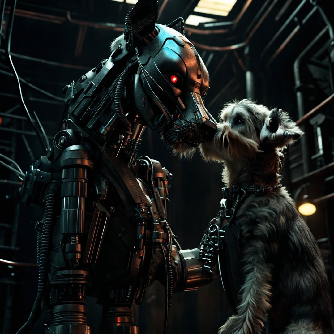 A menacing robot guardian holding a struggling dog by the neck in a dystopian, industrial setting, emphasizing themes of power and conflict