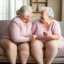 Two elderly, overweight girlfriends happily smelling each other's pantyhose