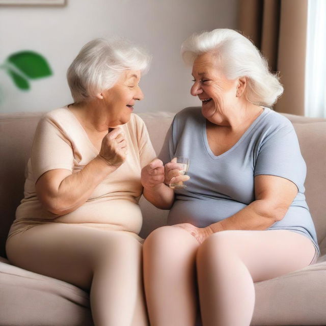 Two elderly, overweight girlfriends happily smelling each other's pantyhose