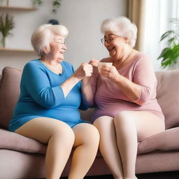 Two elderly, overweight girlfriends happily smelling each other's pantyhose